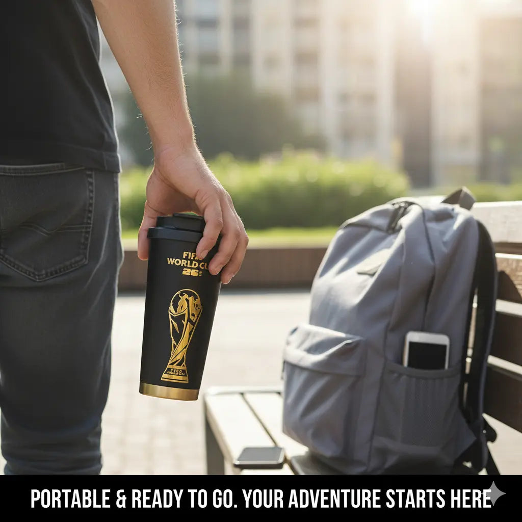 [FIFA World Cup 2026] Officially Licensed Black-And-Gold Soccer-Themed Insulated Mug with a Leak-Proof Lid and Straw; Large-Capacity Double-Walled Vacuum-Insulated Mug; Coffee Mug; the Perfect Choice for Father’S Day, Travel, and Gift-Giving