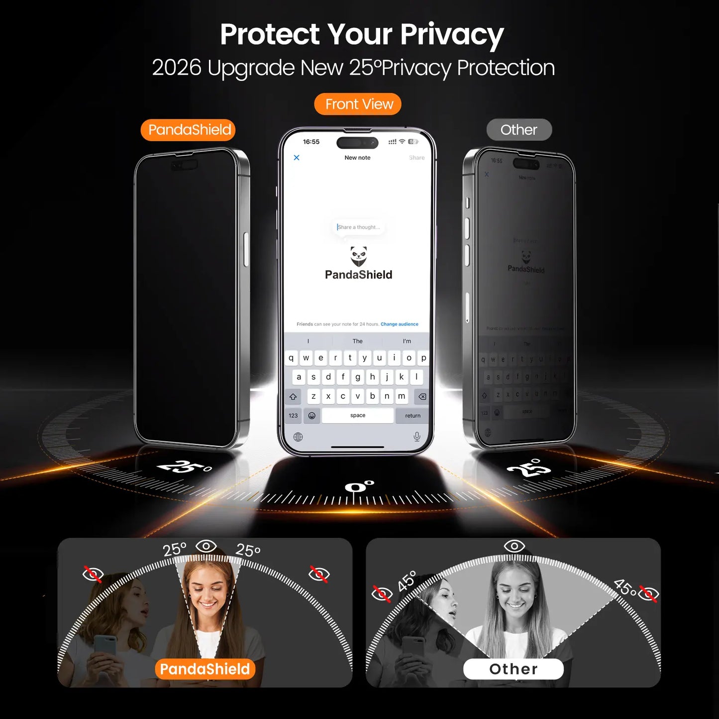 Pandashield Privacy Screen Protector for Iphone 13/14/15/16/17 Pro Max plus with Easy Installation Tool, anti Spy anti Glare Full Coverage Tempered Glass Film, Anti-Fingerprint, Case Friendly Smooth as Silk Protective Shockproof Smartphone Cellphone