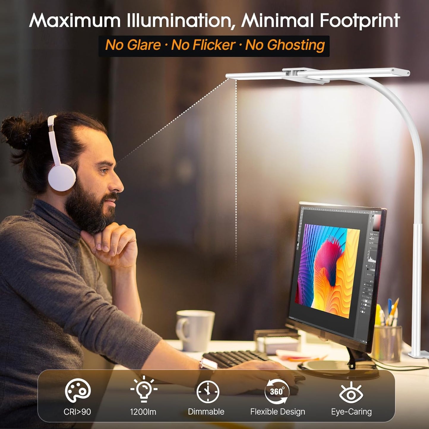LED Desk Lamp, Double Head Gooseneck Desk Lamps for Home Office with Gesture Switch & Wired Control, 12W Bright Modern Desk Light Eye-Caring Office Desk Lamp with Clamp for Crafting Reading