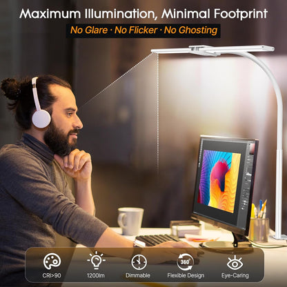 LED Desk Lamp, Double Head Gooseneck Desk Lamps for Home Office with Gesture Switch & Wired Control, 12W Bright Modern Desk Light Eye-Caring Office Desk Lamp with Clamp for Crafting Reading