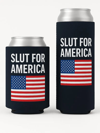Slut for America Beer Can Sleeve - High-Quality Party Drinkware Patriotic Funny Beer Holder Can Coolie Bottles, Indoor & Beach Use - Utensils, Kitchen