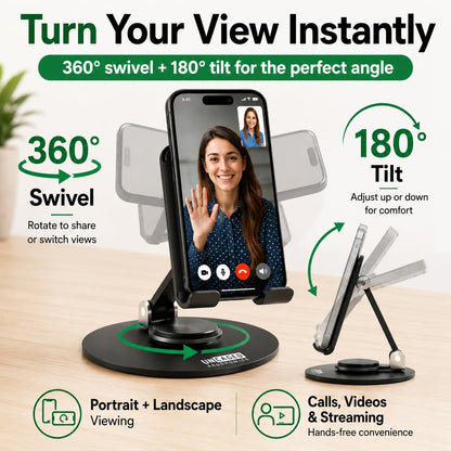 360° Swivel Rotating Adjustable Phone Stand for Desk, Portable & Foldable Cell Phone Stand for Desk, Compact Mobile Stand for Tabletop, Office, Kitchen & Bedroom (Black)