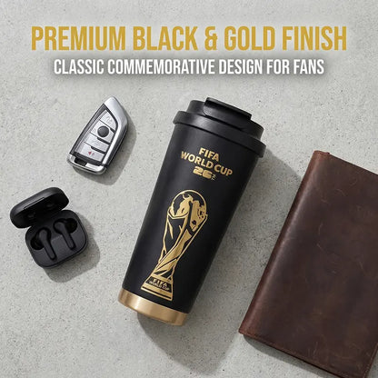 [FIFA World Cup 2026] Officially Licensed Black-And-Gold Soccer-Themed Insulated Mug with a Leak-Proof Lid and Straw; Large-Capacity Double-Walled Vacuum-Insulated Mug; Coffee Mug; the Perfect Choice for Father’S Day, Travel, and Gift-Giving