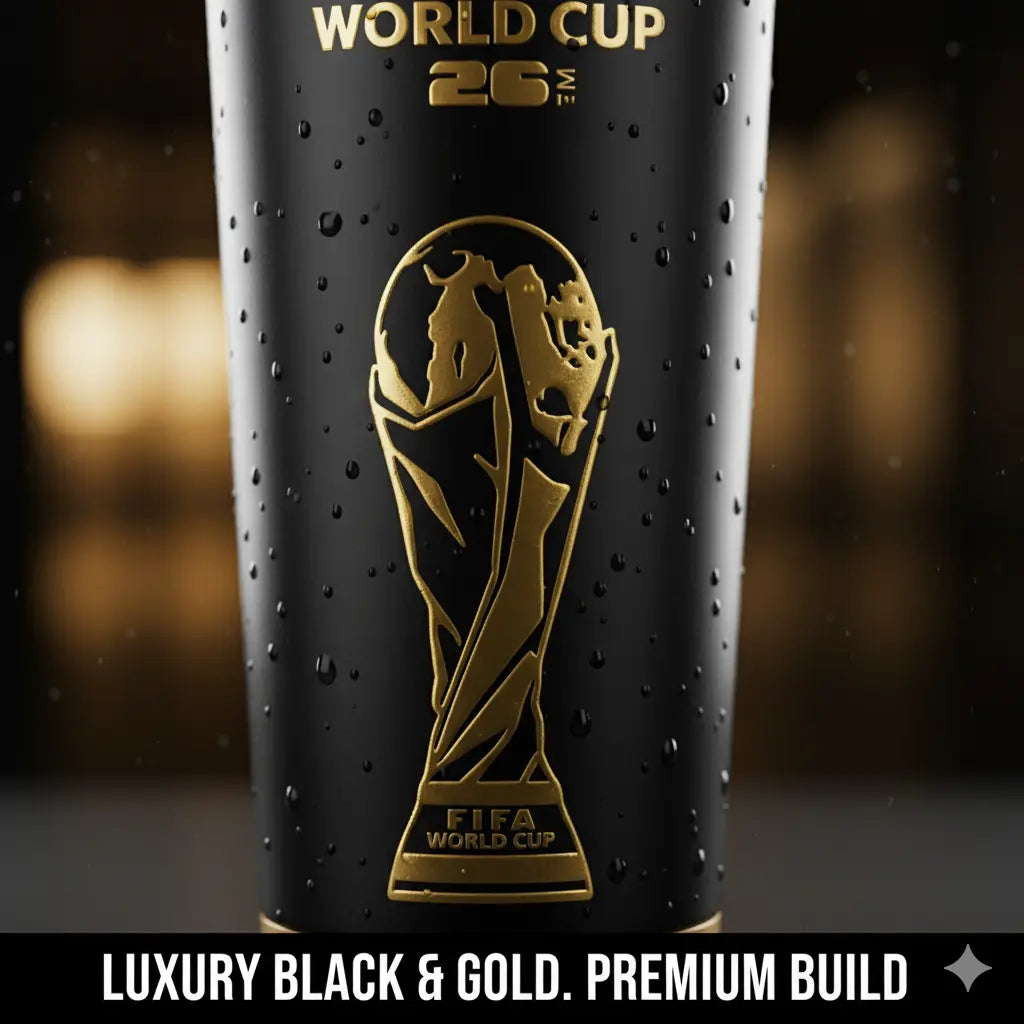 [FIFA World Cup 2026] Officially Licensed Black-And-Gold Soccer-Themed Insulated Mug with a Leak-Proof Lid and Straw; Large-Capacity Double-Walled Vacuum-Insulated Mug; Coffee Mug; the Perfect Choice for Father’S Day, Travel, and Gift-Giving