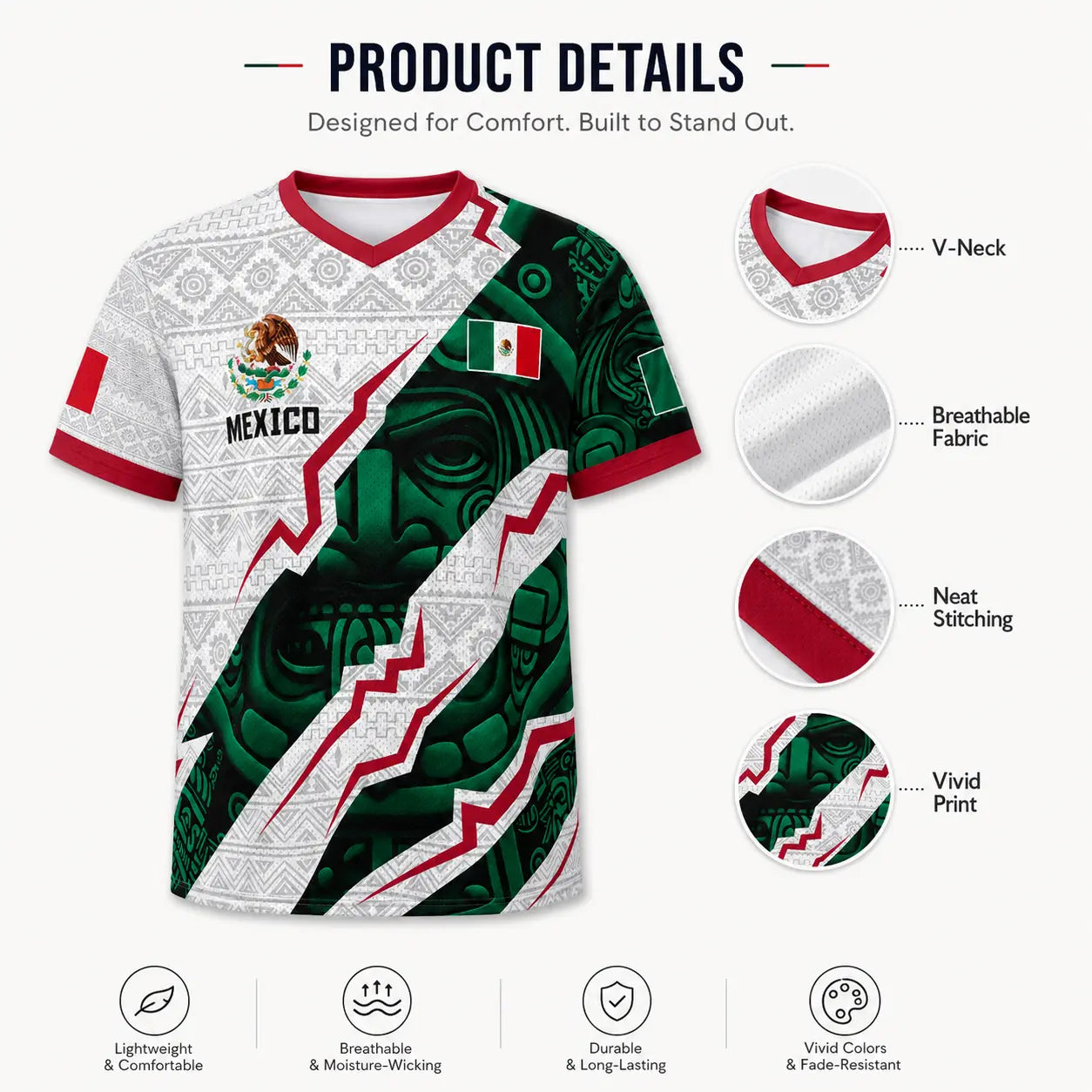 Men'S Mexico Aztec Soccer Jersey, 2026 Style Short Sleeve Football Shirt, Breathable Game Day Fan Top, Casual Sportswear Gift for Soccer Fans & Players
