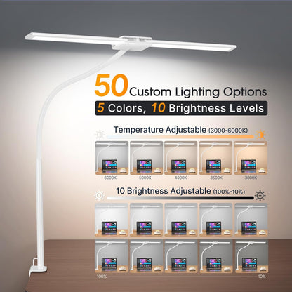 LED Desk Lamp, Double Head Gooseneck Desk Lamps for Home Office with Gesture Switch & Wired Control, 12W Bright Modern Desk Light Eye-Caring Office Desk Lamp with Clamp for Crafting Reading