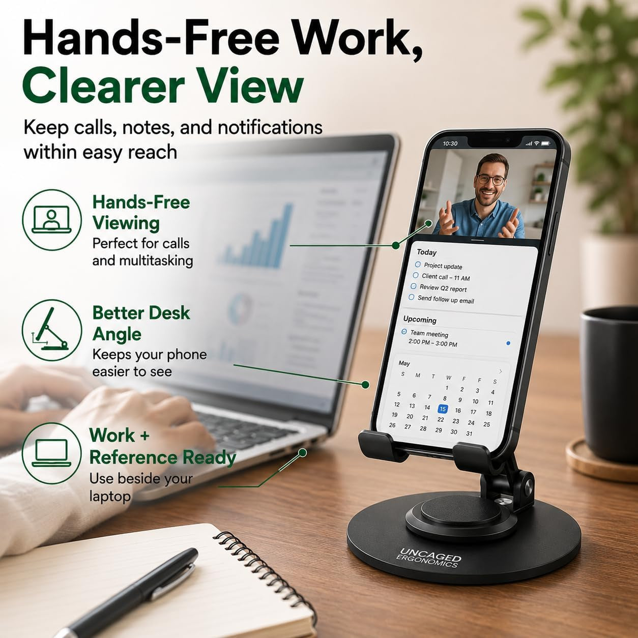 360° Swivel Rotating Adjustable Phone Stand for Desk, Portable & Foldable Cell Phone Stand for Desk, Compact Mobile Stand for Tabletop, Office, Kitchen & Bedroom (Black)