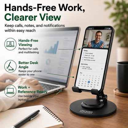360° Swivel Rotating Adjustable Phone Stand for Desk, Portable & Foldable Cell Phone Stand for Desk, Compact Mobile Stand for Tabletop, Office, Kitchen & Bedroom (Black)
