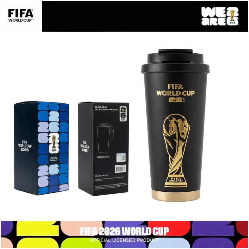 [FIFA World Cup 2026] Officially Licensed Black-And-Gold Soccer-Themed Insulated Mug with a Leak-Proof Lid and Straw; Large-Capacity Double-Walled Vacuum-Insulated Mug; Coffee Mug; the Perfect Choice for Father’S Day, Travel, and Gift-Giving