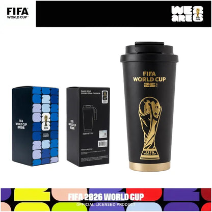[FIFA World Cup 2026] Officially Licensed Black-And-Gold Soccer-Themed Insulated Mug with a Leak-Proof Lid and Straw; Large-Capacity Double-Walled Vacuum-Insulated Mug; Coffee Mug; the Perfect Choice for Father’S Day, Travel, and Gift-Giving