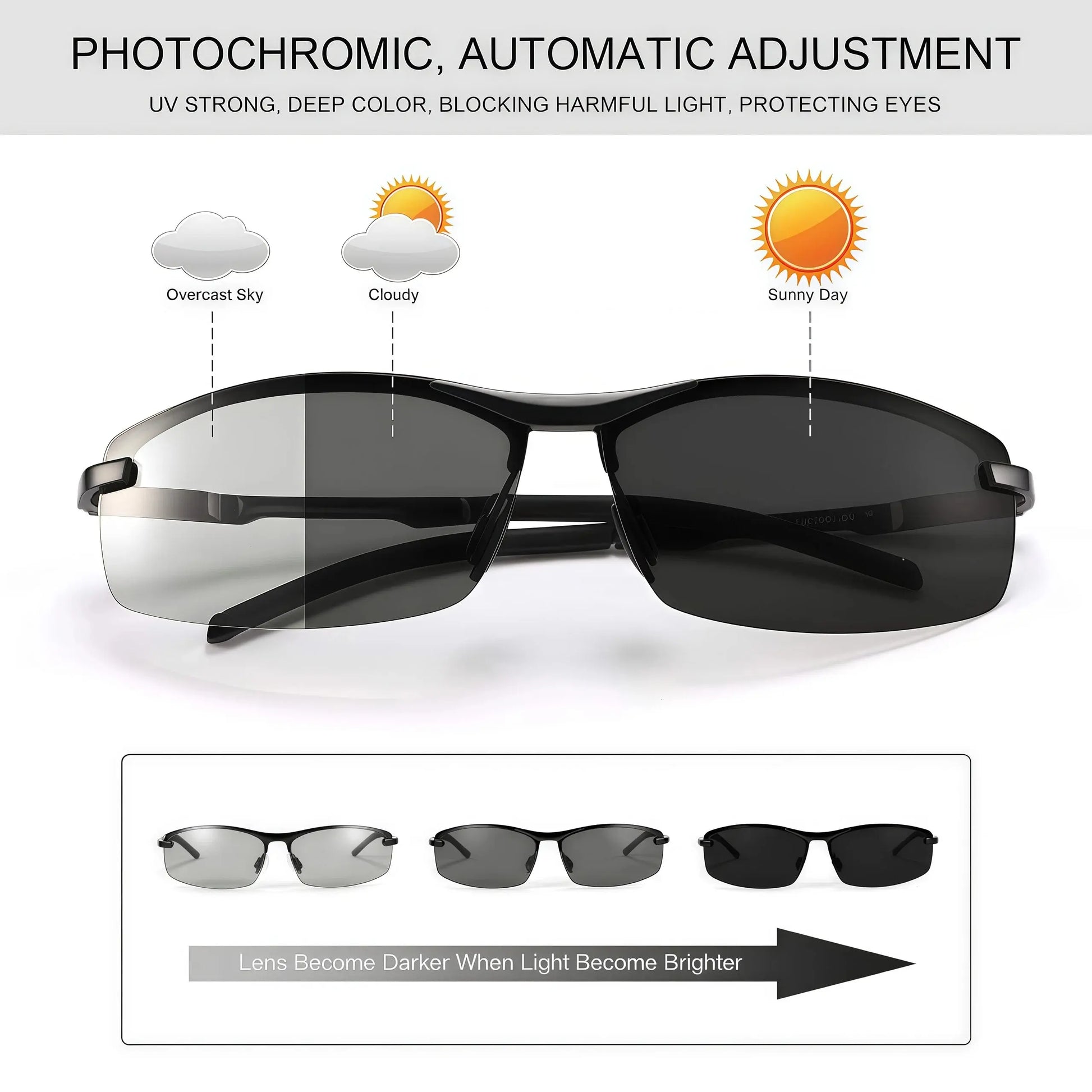 Summervibes Photochromic Polarized UV Protection Safety Sunglasses for Men and Women Day and Night Spring Hinge Sports Driving Eyewear anti Glare Eyestrain Eyeglasses