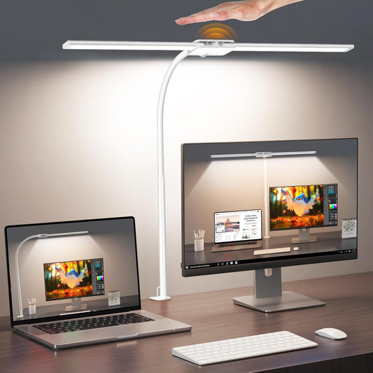 LED Desk Lamp, Double Head Gooseneck Desk Lamps for Home Office with Gesture Switch & Wired Control, 12W Bright Modern Desk Light Eye-Caring Office Desk Lamp with Clamp for Crafting Reading