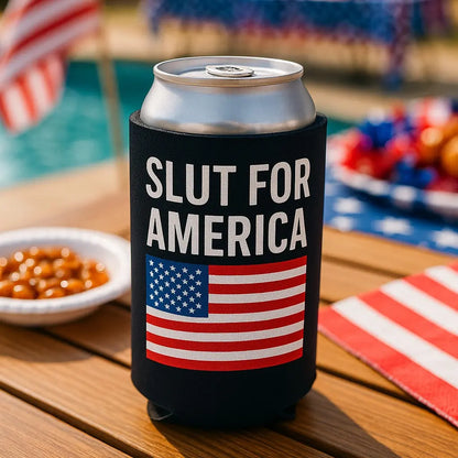 Slut for America Beer Can Sleeve - High-Quality Party Drinkware Patriotic Funny Beer Holder Can Coolie Bottles, Indoor & Beach Use - Utensils, Kitchen