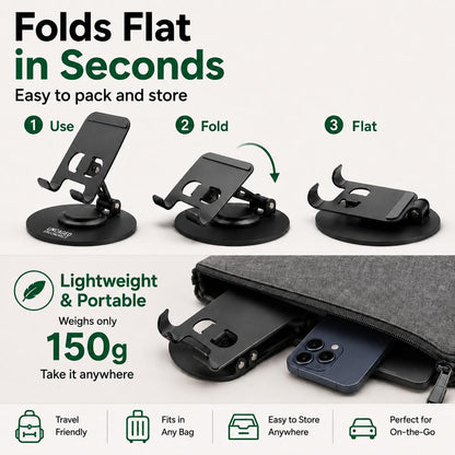 360° Swivel Rotating Adjustable Phone Stand for Desk, Portable & Foldable Cell Phone Stand for Desk, Compact Mobile Stand for Tabletop, Office, Kitchen & Bedroom (Black)