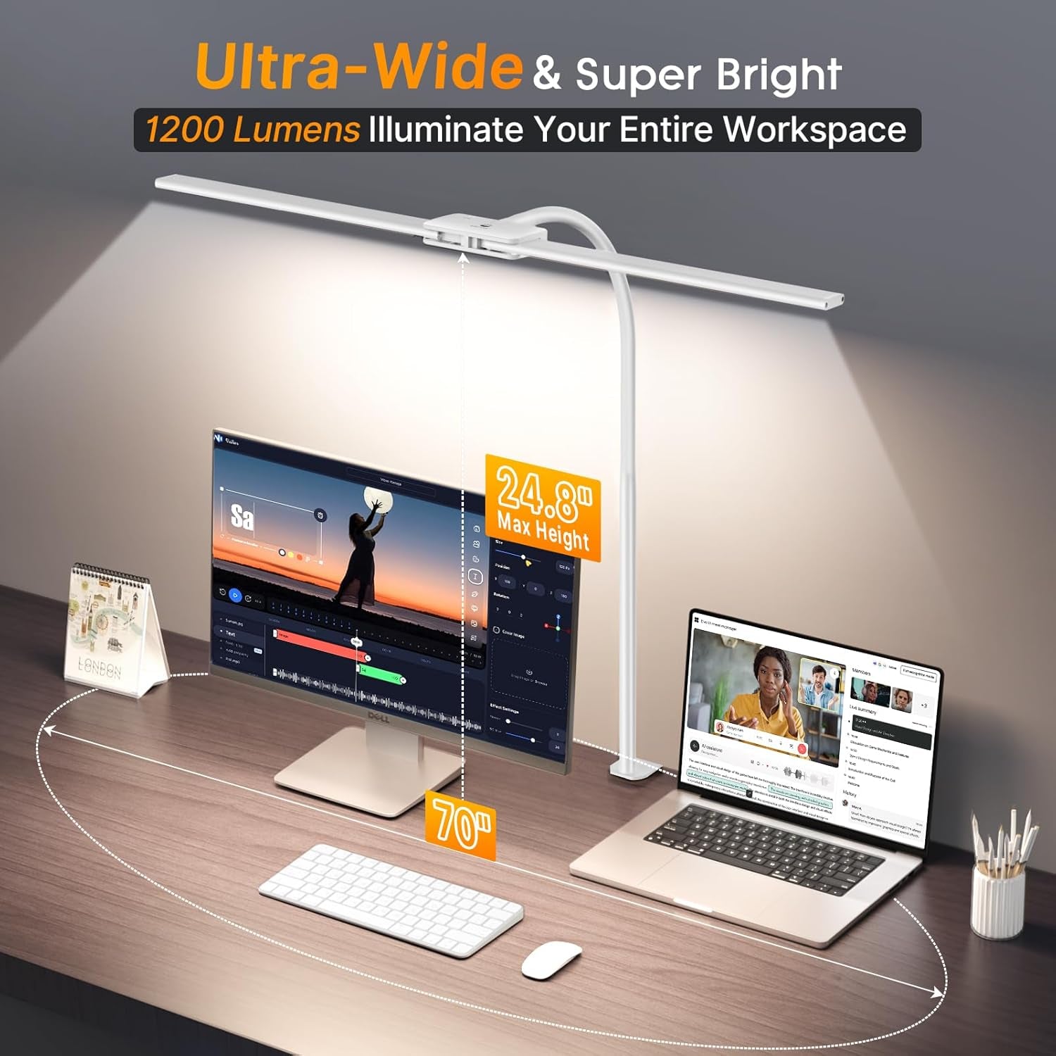 LED Desk Lamp, Double Head Gooseneck Desk Lamps for Home Office with Gesture Switch & Wired Control, 12W Bright Modern Desk Light Eye-Caring Office Desk Lamp with Clamp for Crafting Reading