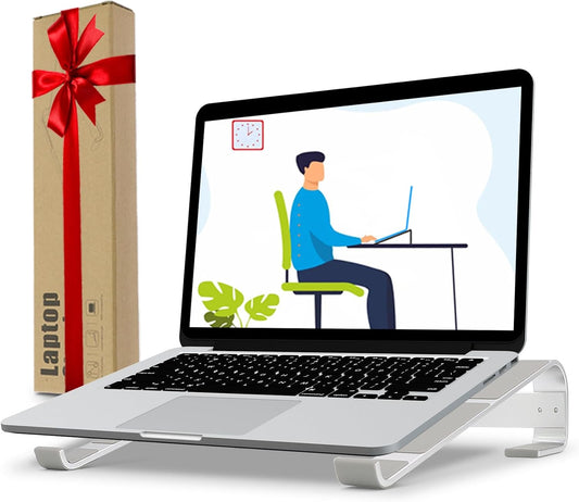 Laptop Stand for Desk, Ventilated Aluminum Laptop Riser, Silver | Stable Typing Support, Fixed 17° Angle, 2.5 in Lift, Silicone Pads, Open Airflow, Fits Most 11–16 in Laptops, Tool Included
