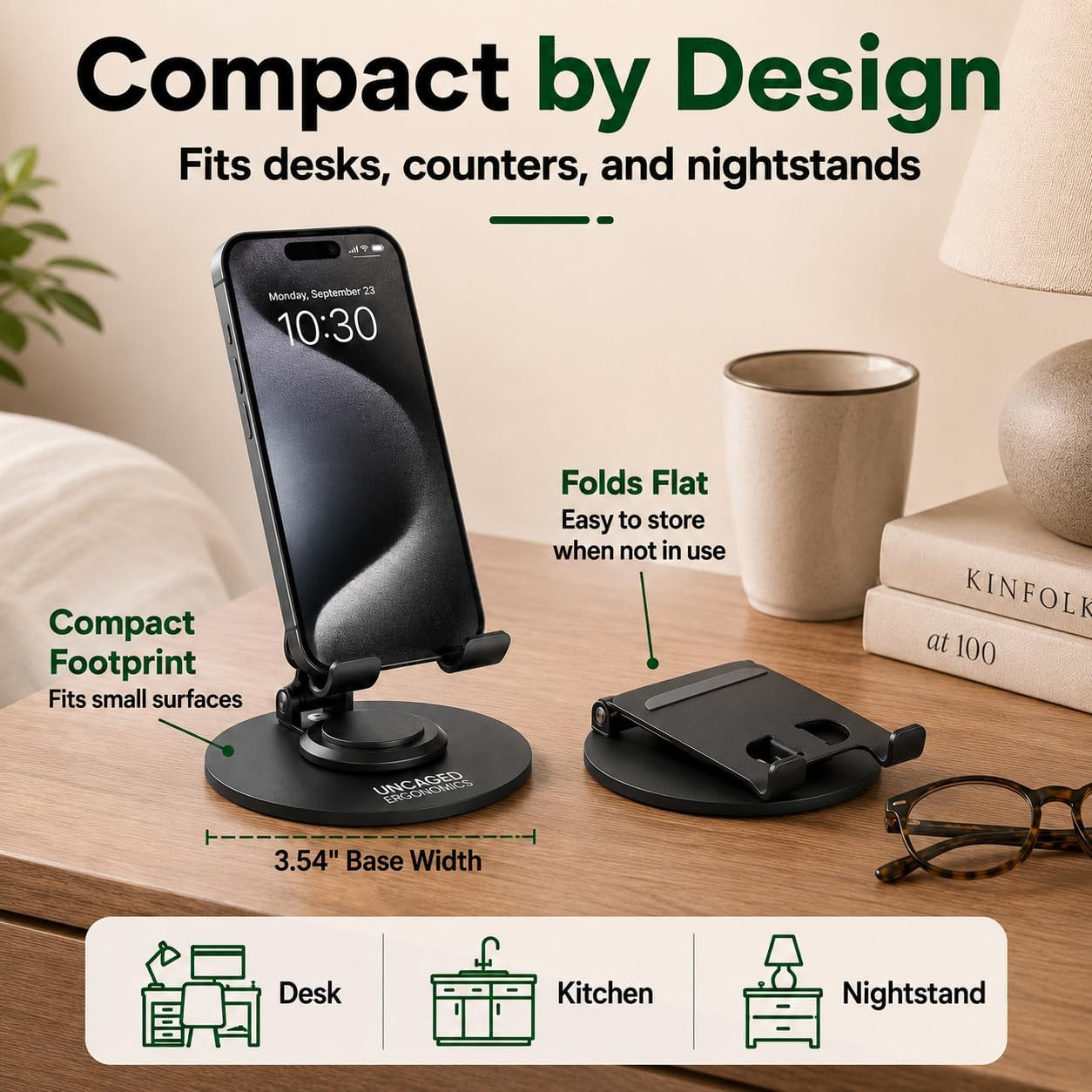 360° Swivel Rotating Adjustable Phone Stand for Desk, Portable & Foldable Cell Phone Stand for Desk, Compact Mobile Stand for Tabletop, Office, Kitchen & Bedroom (Black)