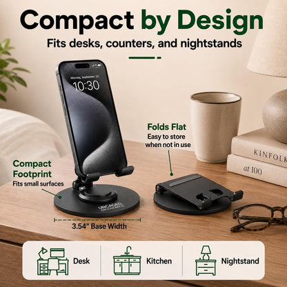 360° Swivel Rotating Adjustable Phone Stand for Desk, Portable & Foldable Cell Phone Stand for Desk, Compact Mobile Stand for Tabletop, Office, Kitchen & Bedroom (Black)