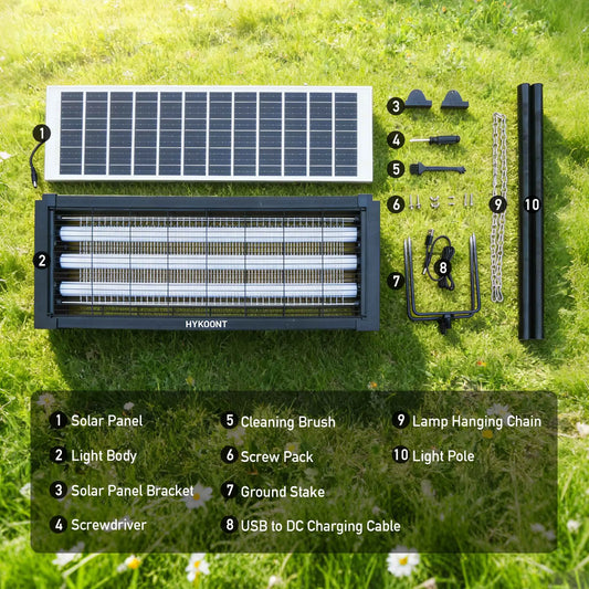 HYKOONT Solar LED Bug Zapper Light, 18W/30W Triple Tube 3500V Dusk-To-Dawn Electronic Mosquito Killer with Efficient UV-C Technology for Mosquitoes, Flies, Gnats