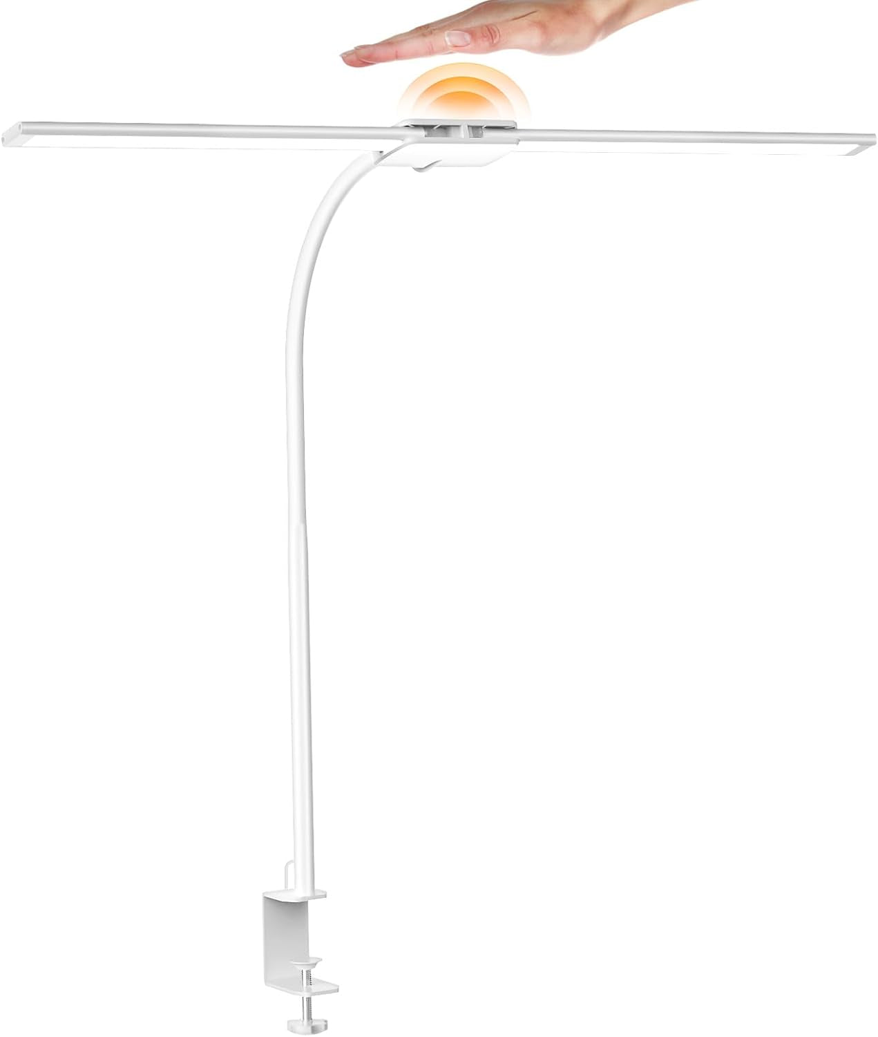 LED Desk Lamp, Double Head Gooseneck Desk Lamps for Home Office with Gesture Switch & Wired Control, 12W Bright Modern Desk Light Eye-Caring Office Desk Lamp with Clamp for Crafting Reading