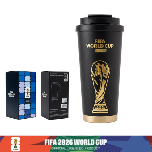 [FIFA World Cup 2026] Officially Licensed Black-And-Gold Soccer-Themed Insulated Mug with a Leak-Proof Lid and Straw; Large-Capacity Double-Walled Vacuum-Insulated Mug; Coffee Mug; the Perfect Choice for Father’S Day, Travel, and Gift-Giving