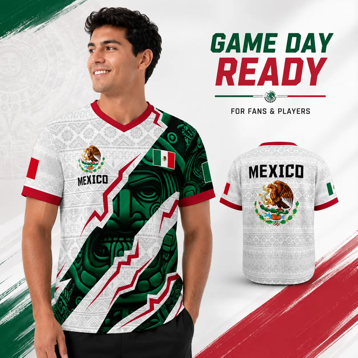Men'S Mexico Aztec Soccer Jersey, 2026 Style Short Sleeve Football Shirt, Breathable Game Day Fan Top, Casual Sportswear Gift for Soccer Fans & Players
