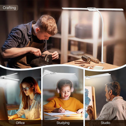 LED Desk Lamp, Double Head Gooseneck Desk Lamps for Home Office with Gesture Switch & Wired Control, 12W Bright Modern Desk Light Eye-Caring Office Desk Lamp with Clamp for Crafting Reading