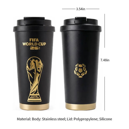 [FIFA World Cup 2026] Officially Licensed Black-And-Gold Soccer-Themed Insulated Mug with a Leak-Proof Lid and Straw; Large-Capacity Double-Walled Vacuum-Insulated Mug; Coffee Mug; the Perfect Choice for Father’S Day, Travel, and Gift-Giving