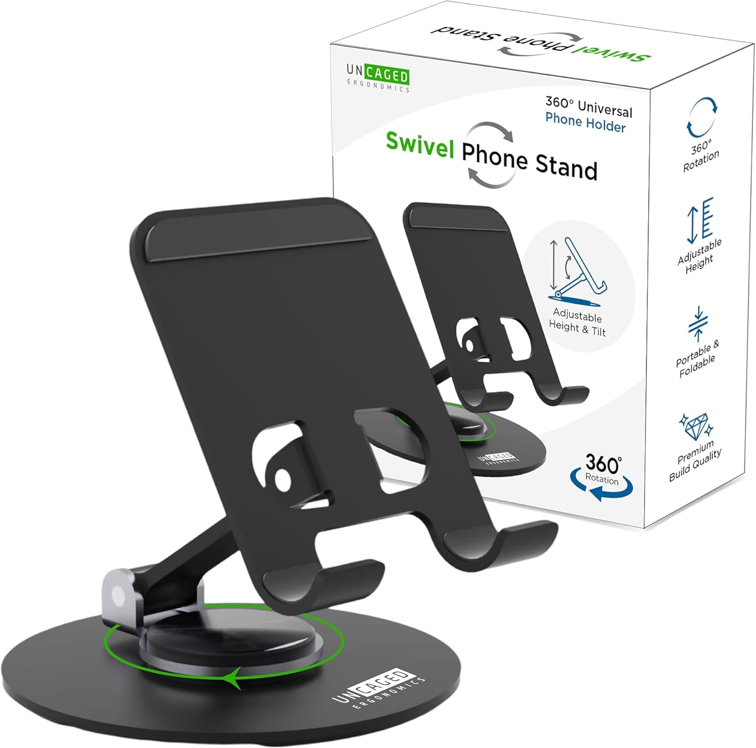 360° Swivel Rotating Adjustable Phone Stand for Desk, Portable & Foldable Cell Phone Stand for Desk, Compact Mobile Stand for Tabletop, Office, Kitchen & Bedroom (Black)