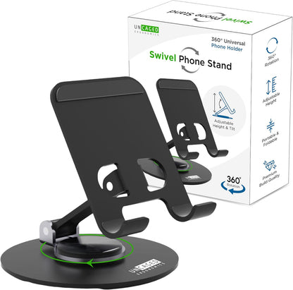 360° Swivel Rotating Adjustable Phone Stand for Desk, Portable & Foldable Cell Phone Stand for Desk, Compact Mobile Stand for Tabletop, Office, Kitchen & Bedroom (Black)