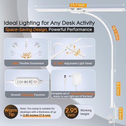 LED Desk Lamp, Double Head Gooseneck Desk Lamps for Home Office with Gesture Switch & Wired Control, 12W Bright Modern Desk Light Eye-Caring Office Desk Lamp with Clamp for Crafting Reading