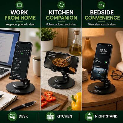 360° Swivel Rotating Adjustable Phone Stand for Desk, Portable & Foldable Cell Phone Stand for Desk, Compact Mobile Stand for Tabletop, Office, Kitchen & Bedroom (Black)