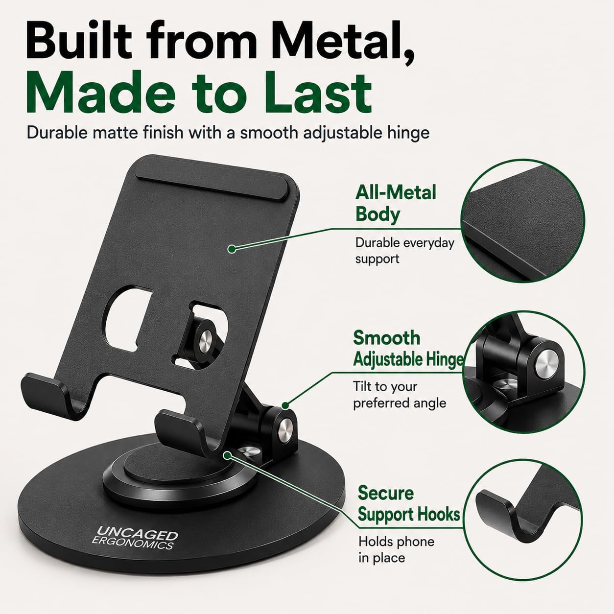 360° Swivel Rotating Adjustable Phone Stand for Desk, Portable & Foldable Cell Phone Stand for Desk, Compact Mobile Stand for Tabletop, Office, Kitchen & Bedroom (Black)