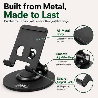 360° Swivel Rotating Adjustable Phone Stand for Desk, Portable & Foldable Cell Phone Stand for Desk, Compact Mobile Stand for Tabletop, Office, Kitchen & Bedroom (Black)