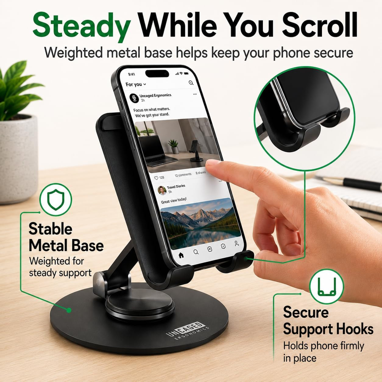 360° Swivel Rotating Adjustable Phone Stand for Desk, Portable & Foldable Cell Phone Stand for Desk, Compact Mobile Stand for Tabletop, Office, Kitchen & Bedroom (Black)