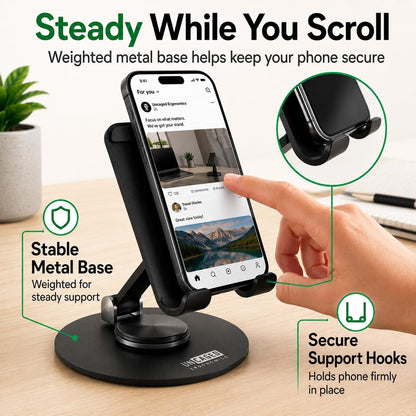 360° Swivel Rotating Adjustable Phone Stand for Desk, Portable & Foldable Cell Phone Stand for Desk, Compact Mobile Stand for Tabletop, Office, Kitchen & Bedroom (Black)