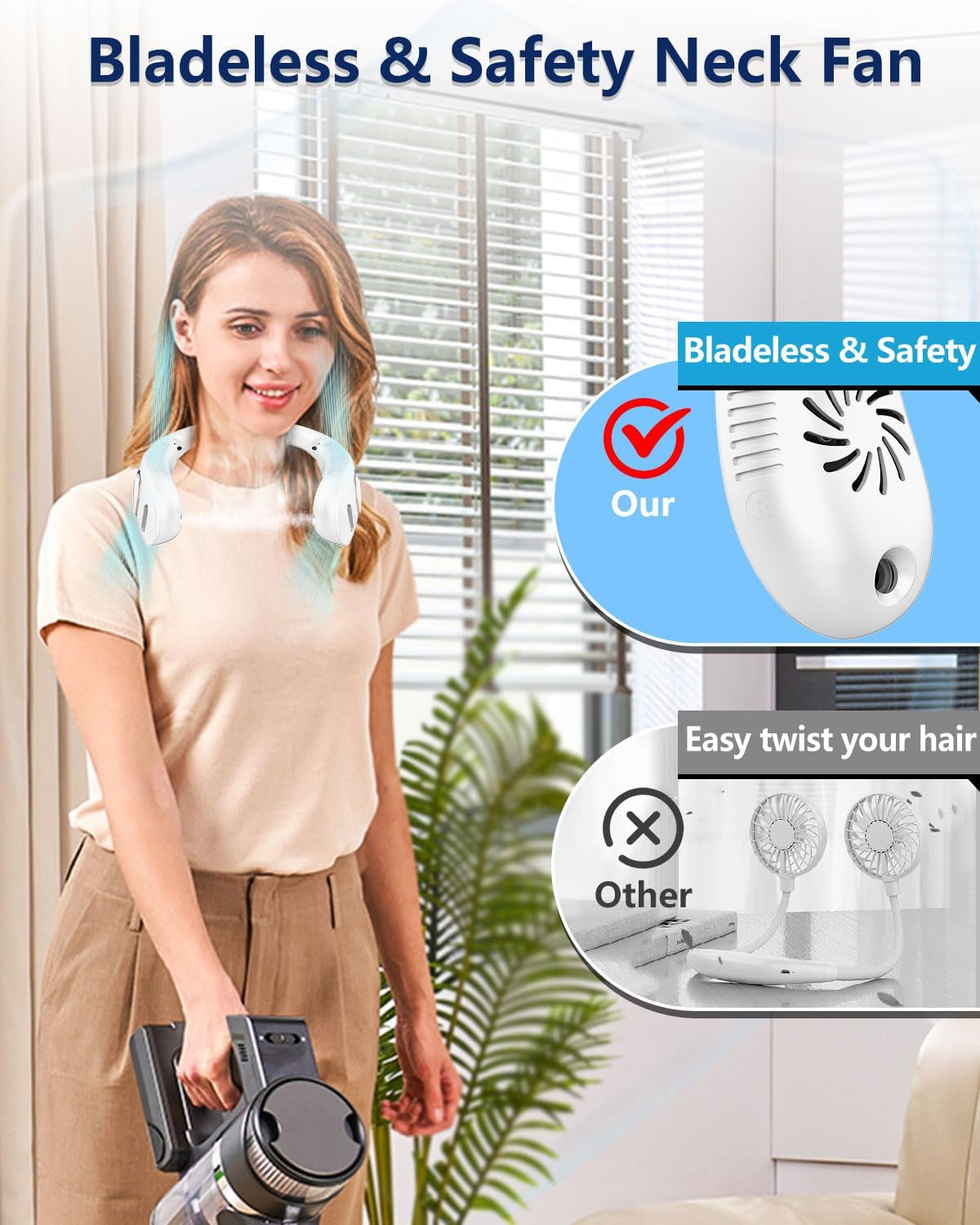 Portable Neck Fans with Mist, Rechargeable 4-9H Lasting Neck Cooling That Blow Cold Air, 5 Speeds & LED Display, USB-C Bladeless Folding Personal Mister for Kid Adult Indoor Outdoors Sports, White
