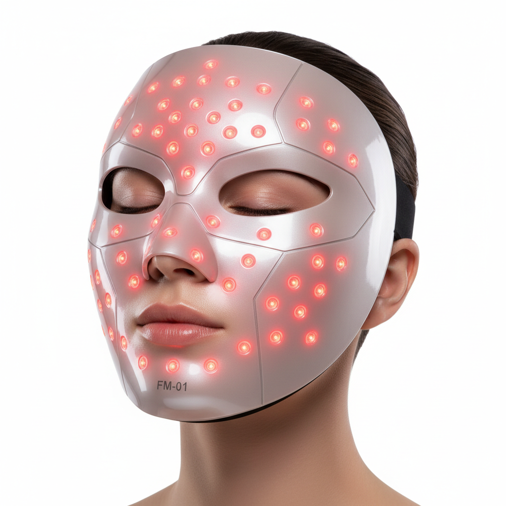 Woman wearing red light therapy face mask with glowing skin