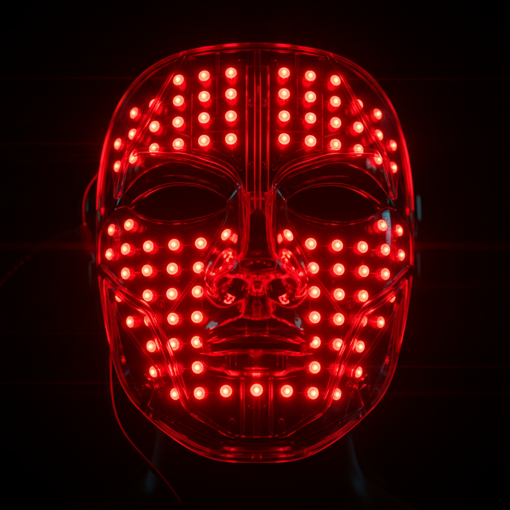 Red LED light therapy face mask glowing close-up