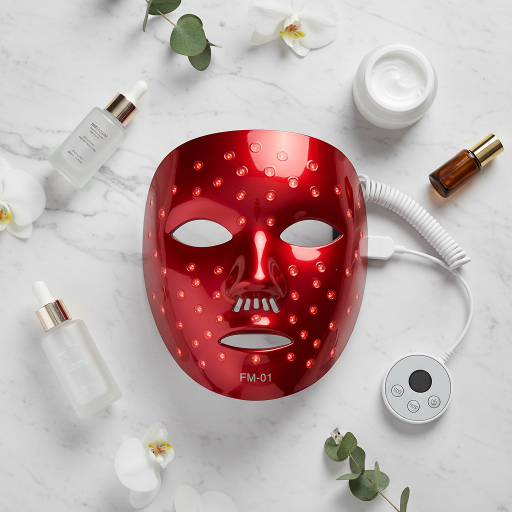 Red light therapy mask flat lay on white marble