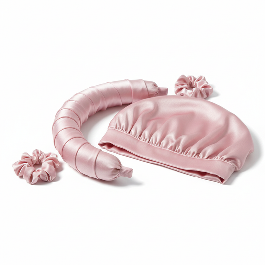 Pink heatless curl set A - foam headband and satin cap