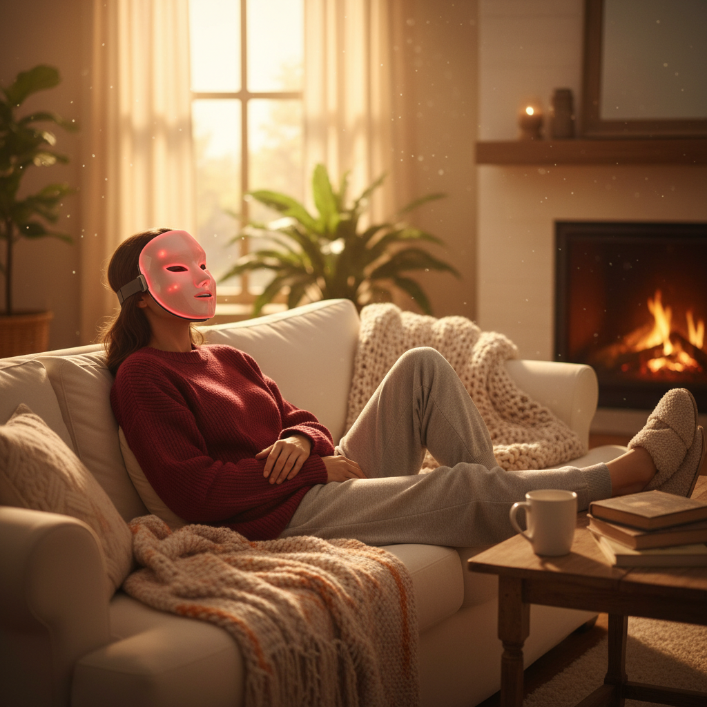 Woman relaxing at home wearing red light therapy mask